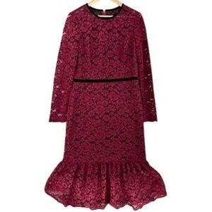 Maggy London Plum Wine Red Lace Fluted Midi Long Sleeve Dress Velvet Belt SZ 14